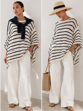 New Vince Boatneck Black and Cream Crochet Knit Poncho Nautical Sweater